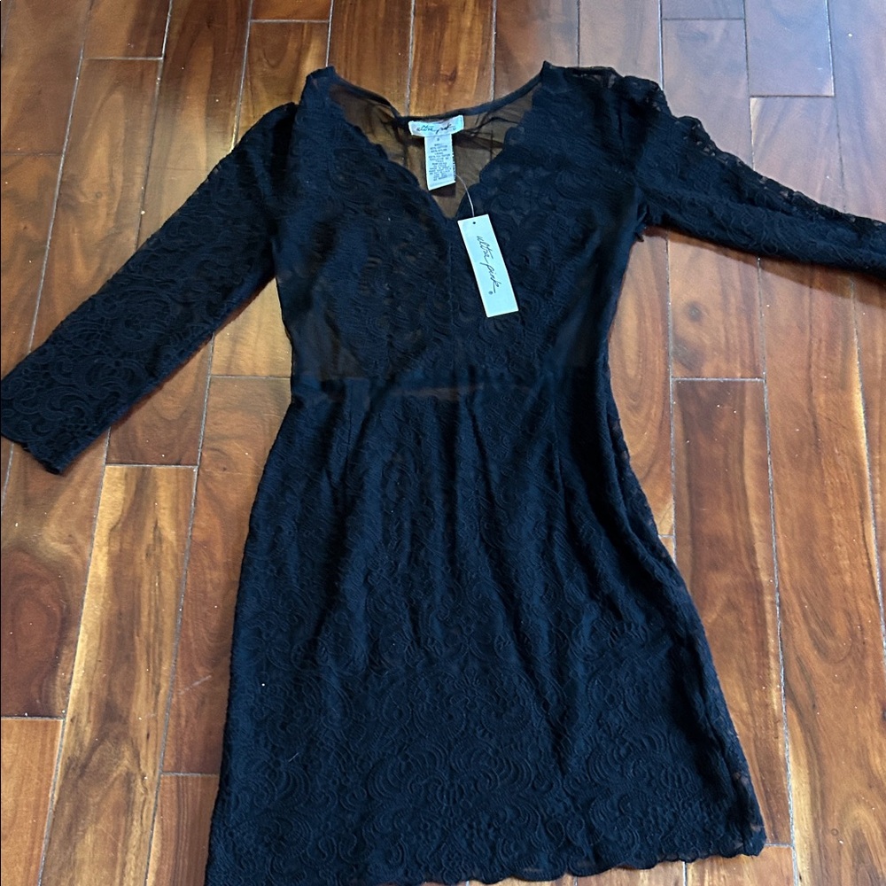 Ultra Pink Black Lace Long Sleeve Dress